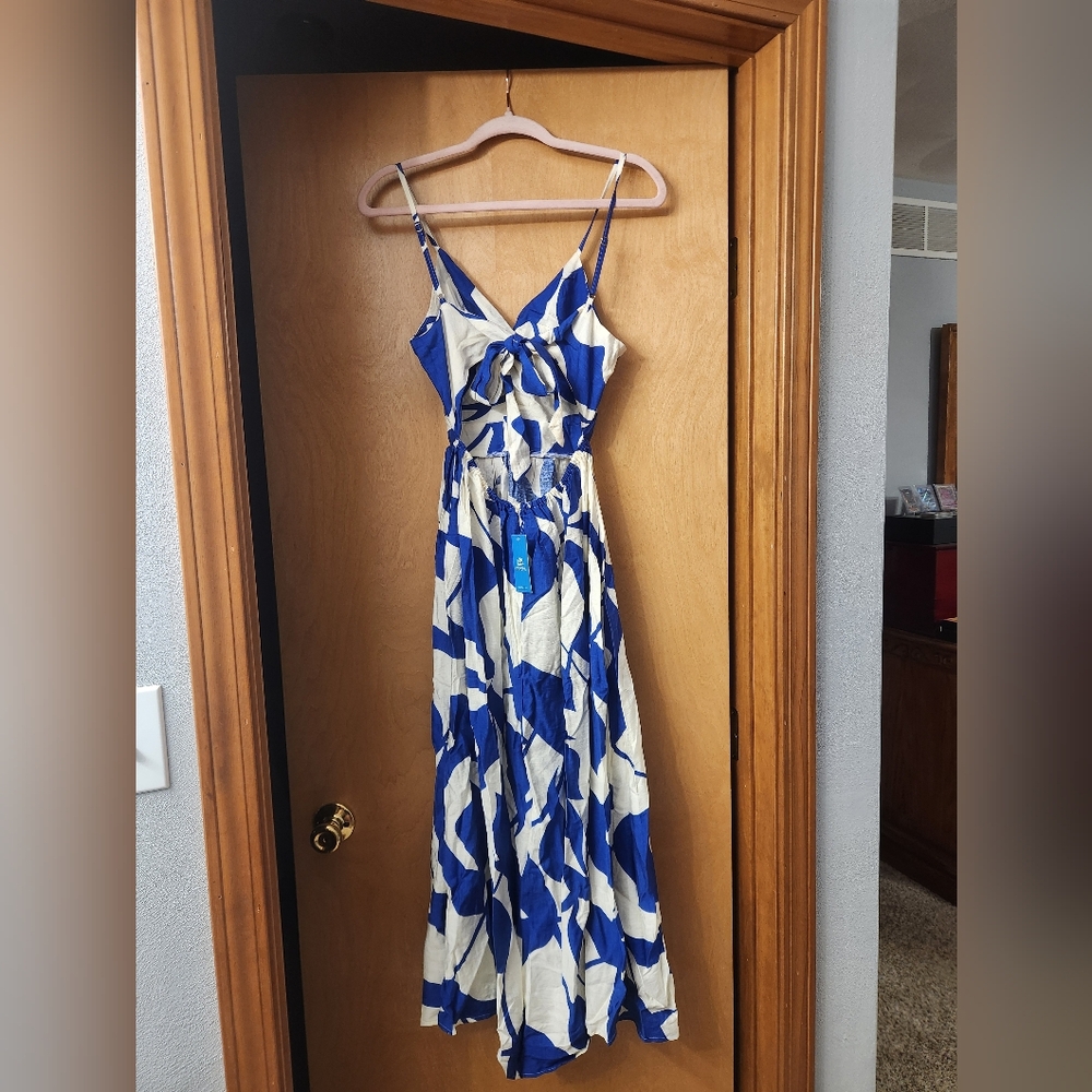 Gorgeous Cupshe Open Back Blue and White Floral Midi Dress With Slit